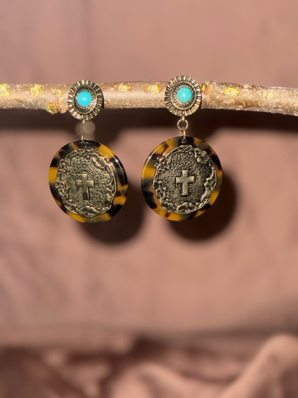 Shyanne Turquoise & Tortoiseshell Cross Drop Earrings